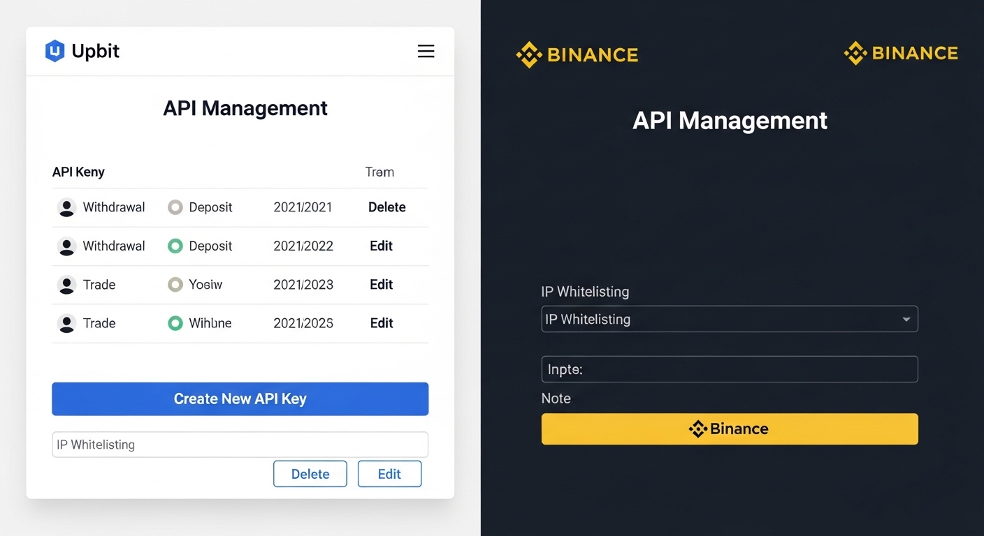업비트와 바이낸스 API 관리 페이지 화면을 나란히 비교한 스크린샷